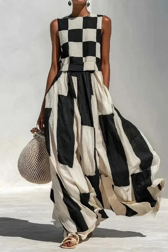 Vestido Maxi Geométrico en Blanco y Negro