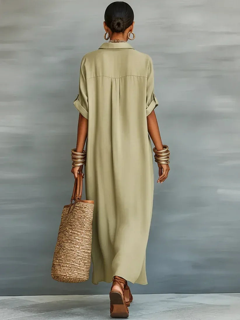 Megan | Vestido Maxi Verde Oliva de Líneas Minimalistas