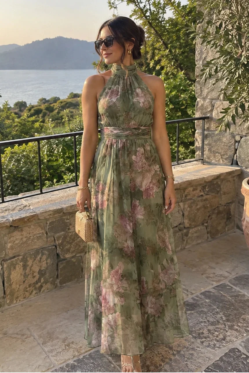 Lidia™ | Vestido Maxi Floral con Cuello Halter