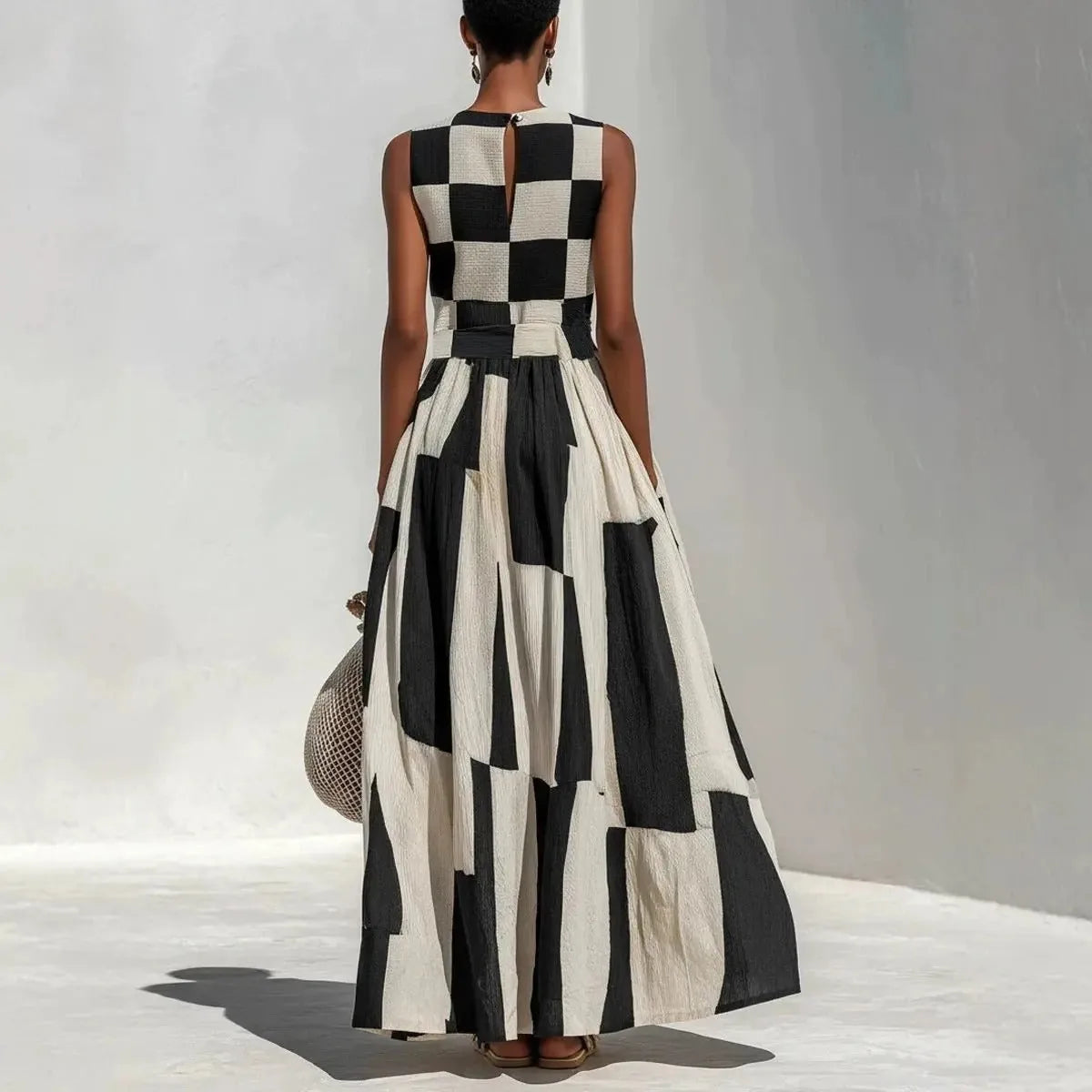 Vestido Maxi Geométrico en Blanco y Negro