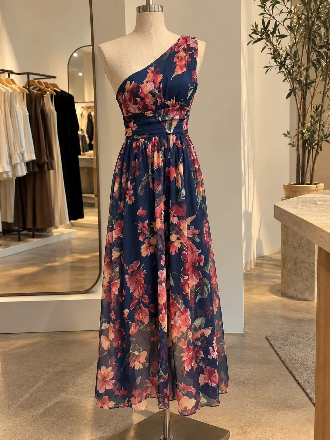 Vestido Maxi de Gasa de Un Solo Hombro