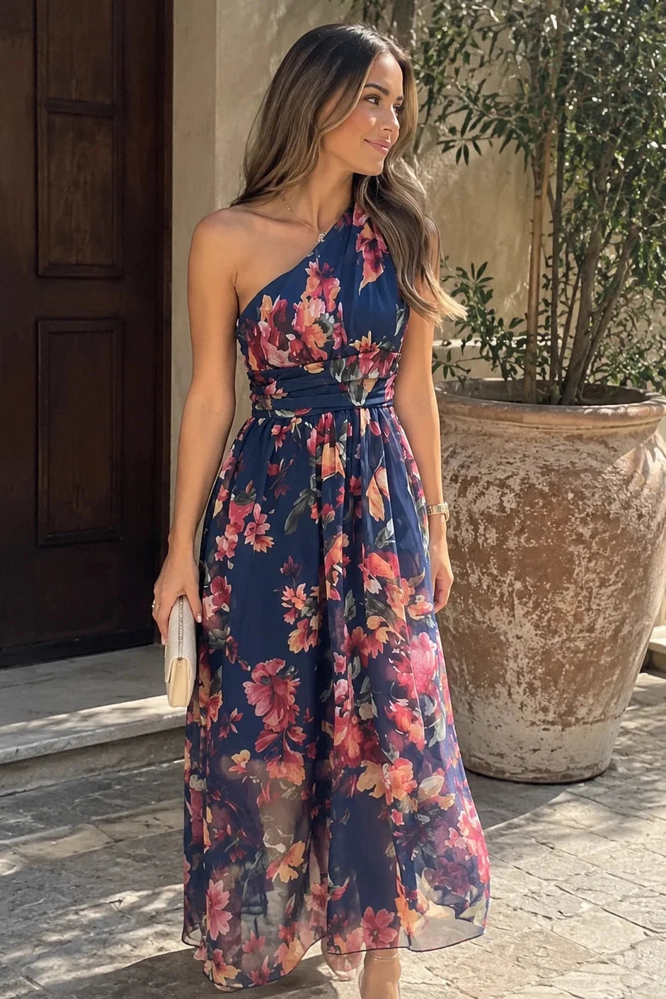 Vestido Maxi de Gasa de Un Solo Hombro