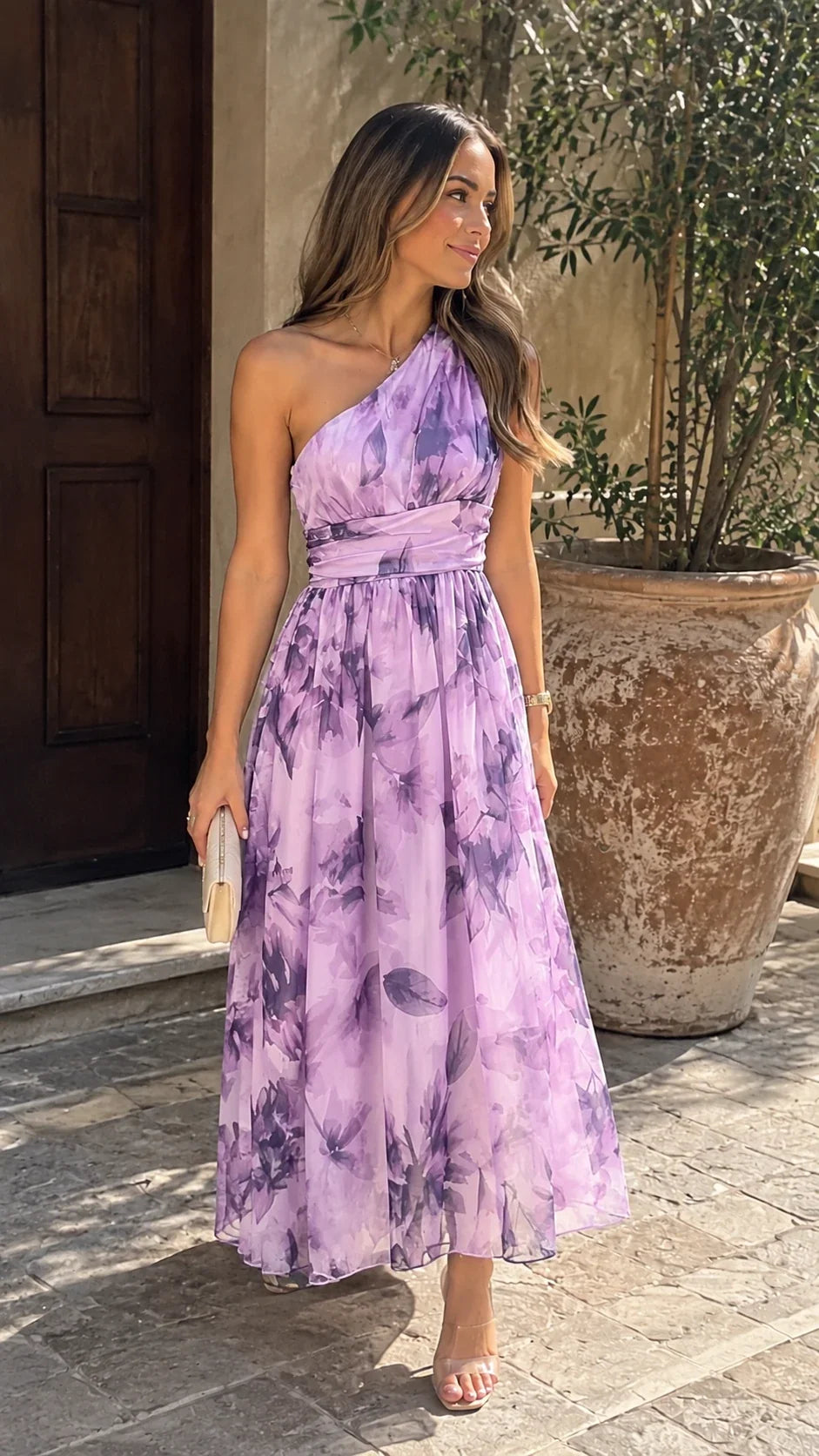 Vestido Maxi de Gasa de Un Solo Hombro
